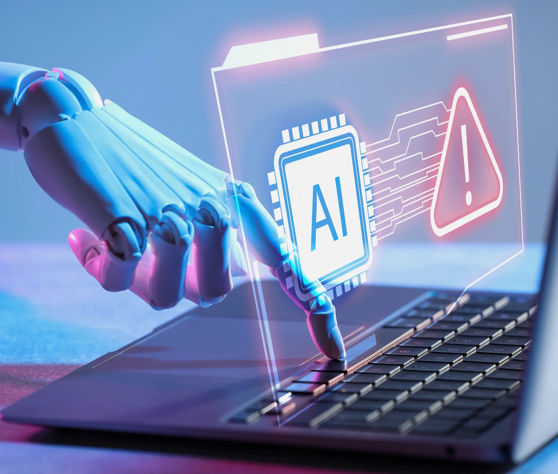 A robotic hand points to a laptop keyboard with virtual screens displaying an AI chip icon and a red warning symbol, suggesting artificial intelligence and caution for remote teams working to boost productivity.