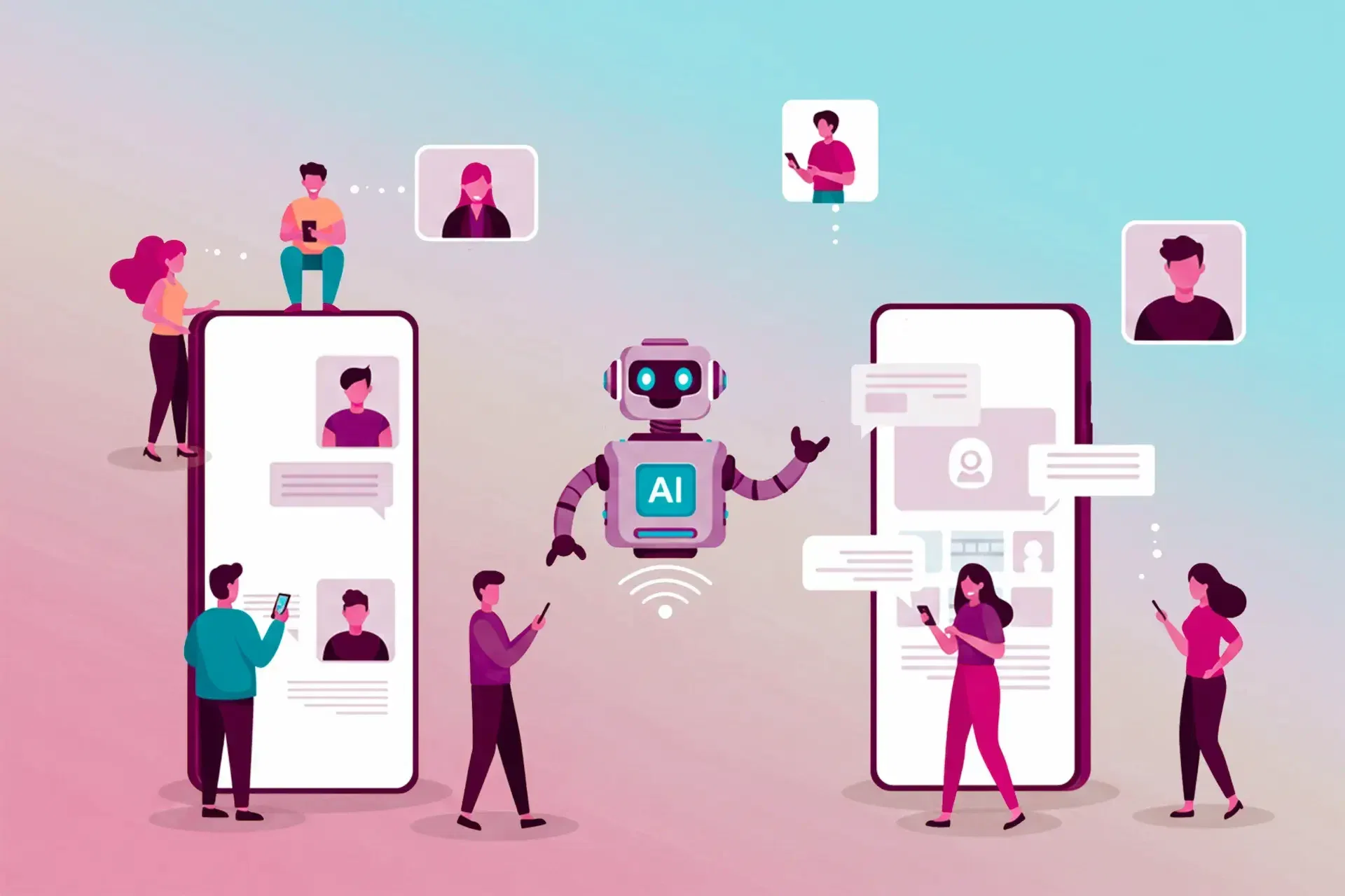 Illustration of people interacting with mobile devices and a central ai robot, highlighting digital communication, ai training, and artificial intelligence integration to boost business competitiveness in online interactions.