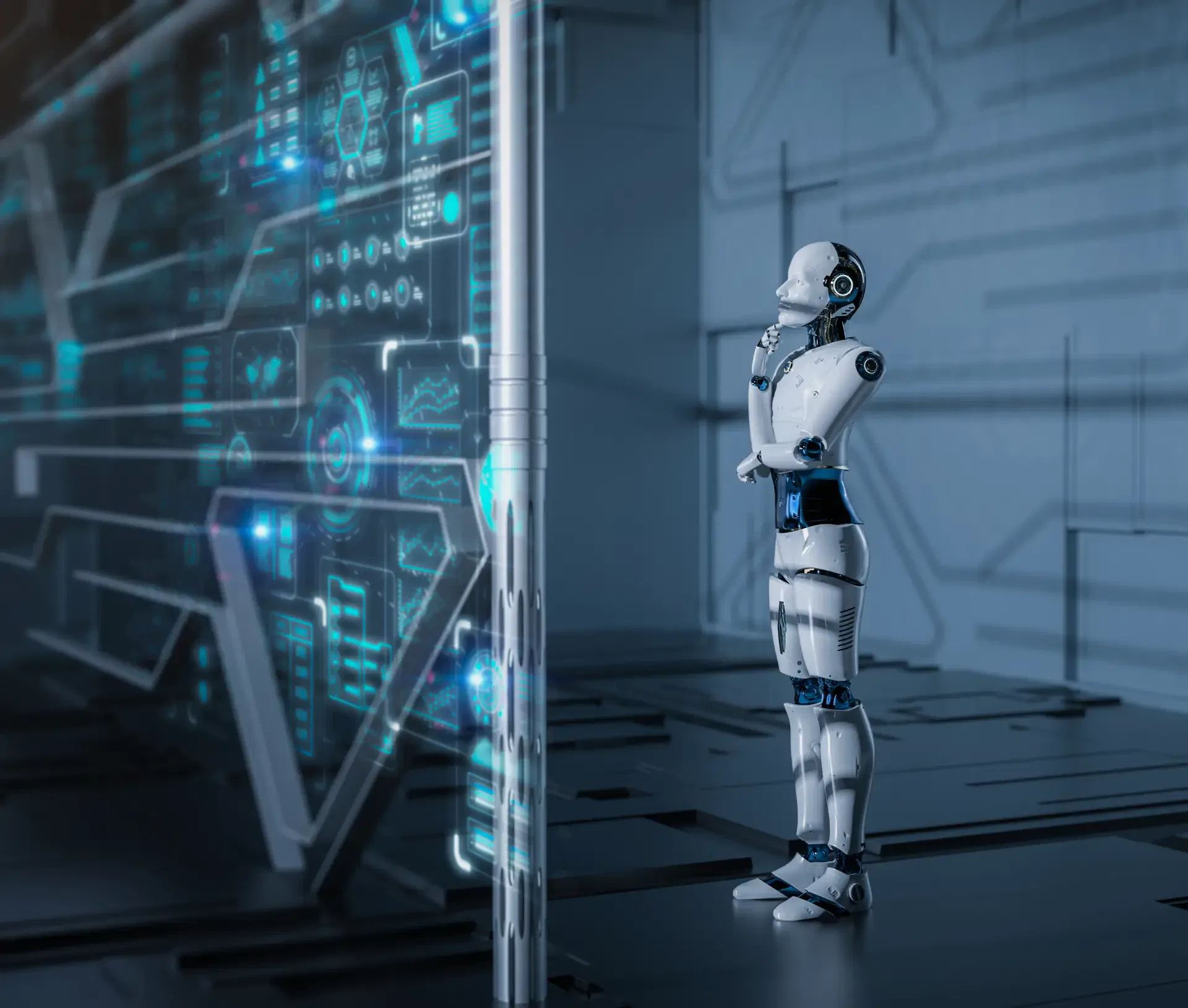 A humanoid robot stands thoughtfully in front of a large, futuristic digital screen displaying blue data and graphics, as an IT Manager reviews an employee onboarding checklist in a high tech, modern environment.