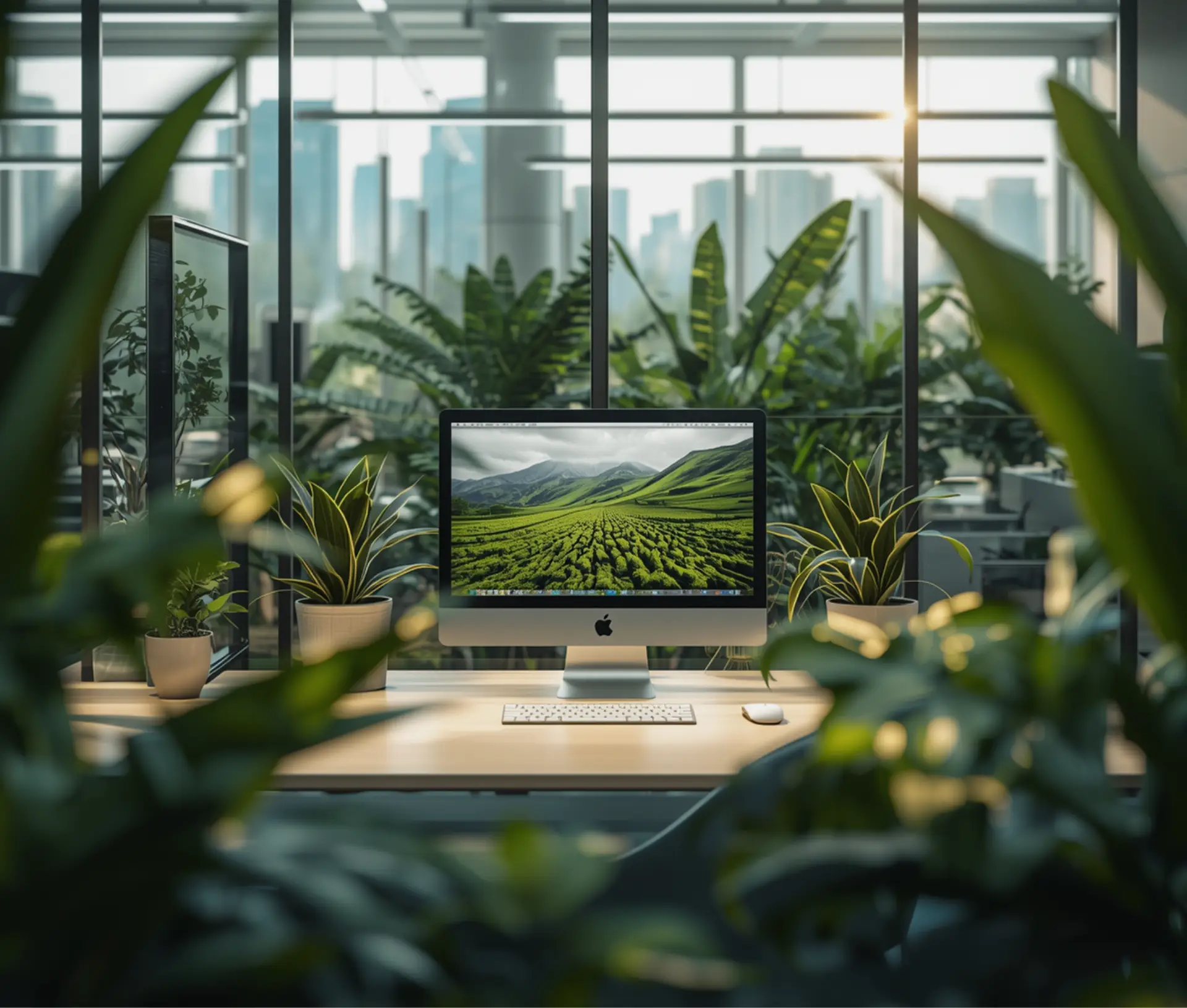 A modern office desk with an Apple computer displaying a landscape, surrounded by lush green plants, designed for business professionals in a bright workspace with large windows—perfect for reducing your carbon footprint whilst enjoying city views.