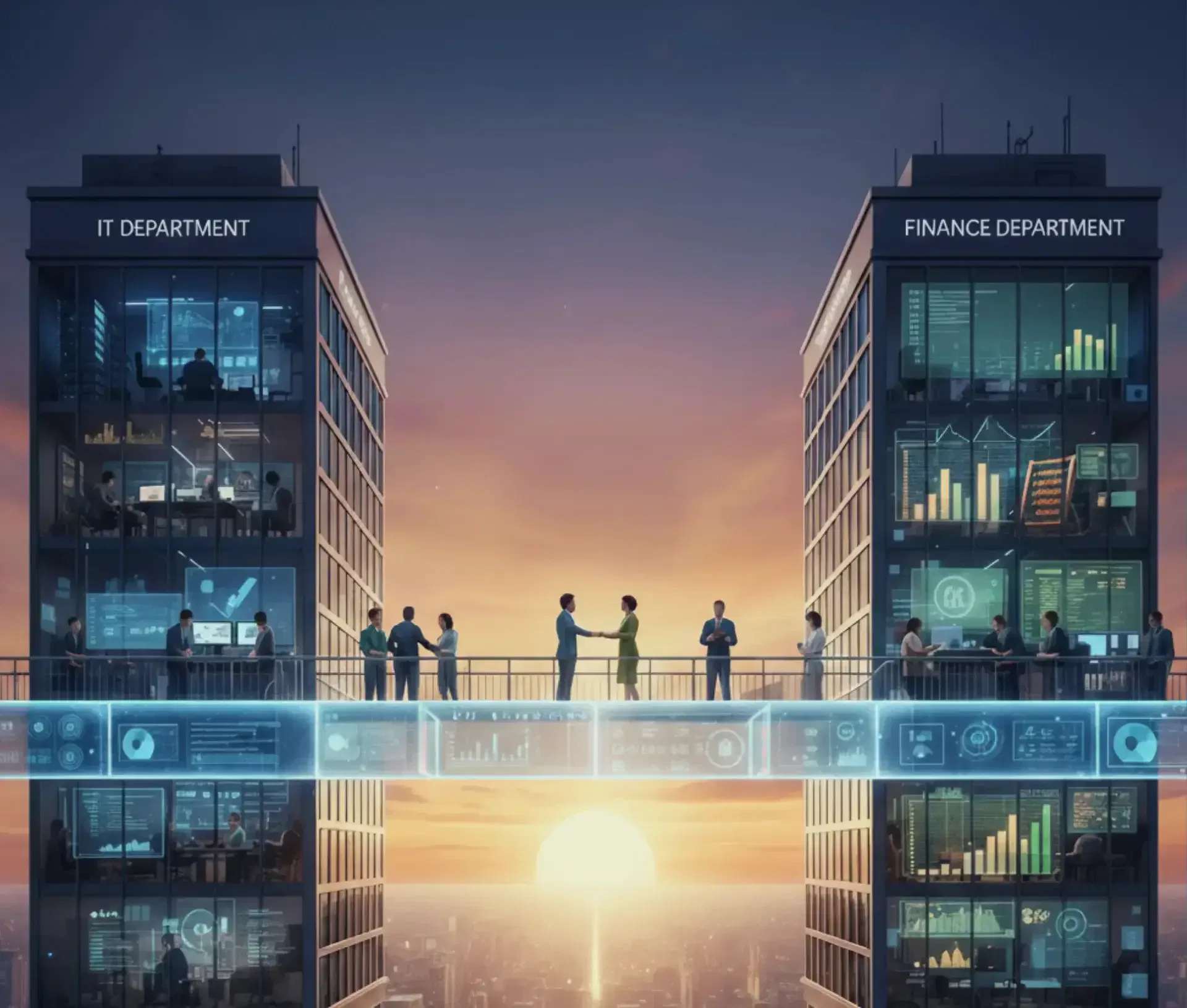 Two office buildings labelled IT Department and Finance Department face each other at sunset, connected by a glass skybridge with silhouettes of people meeting. Digital graphs highlight cyber resilience for UK businesses in 2025 on each building’s windows.
