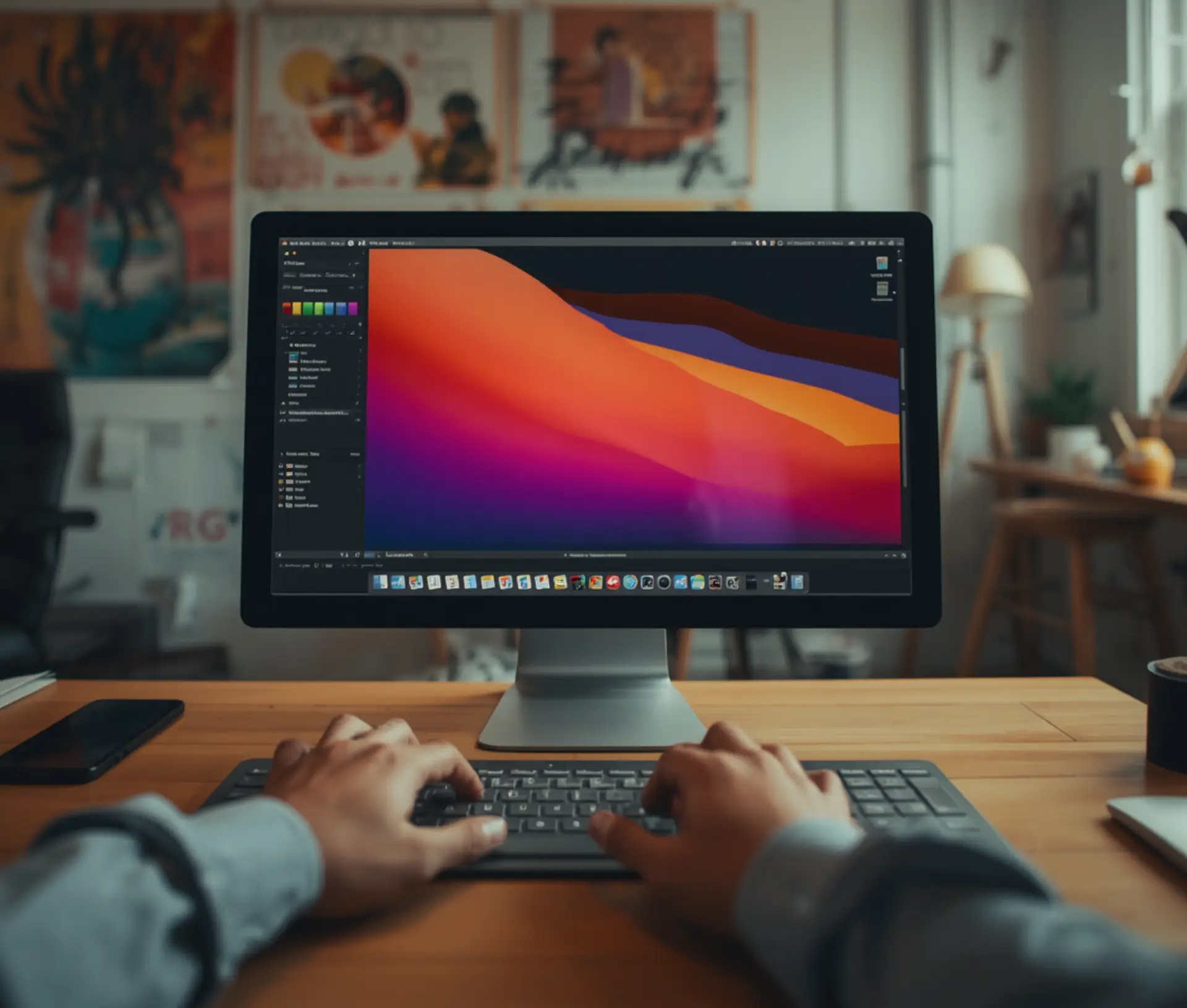 A person works at a desk on a computer with colourful abstract graphics and Jamf pricing details on the screen, surrounded by creative posters and art supplies in a cosy, well lit room—perfect for UK businesses seeking inspiration.