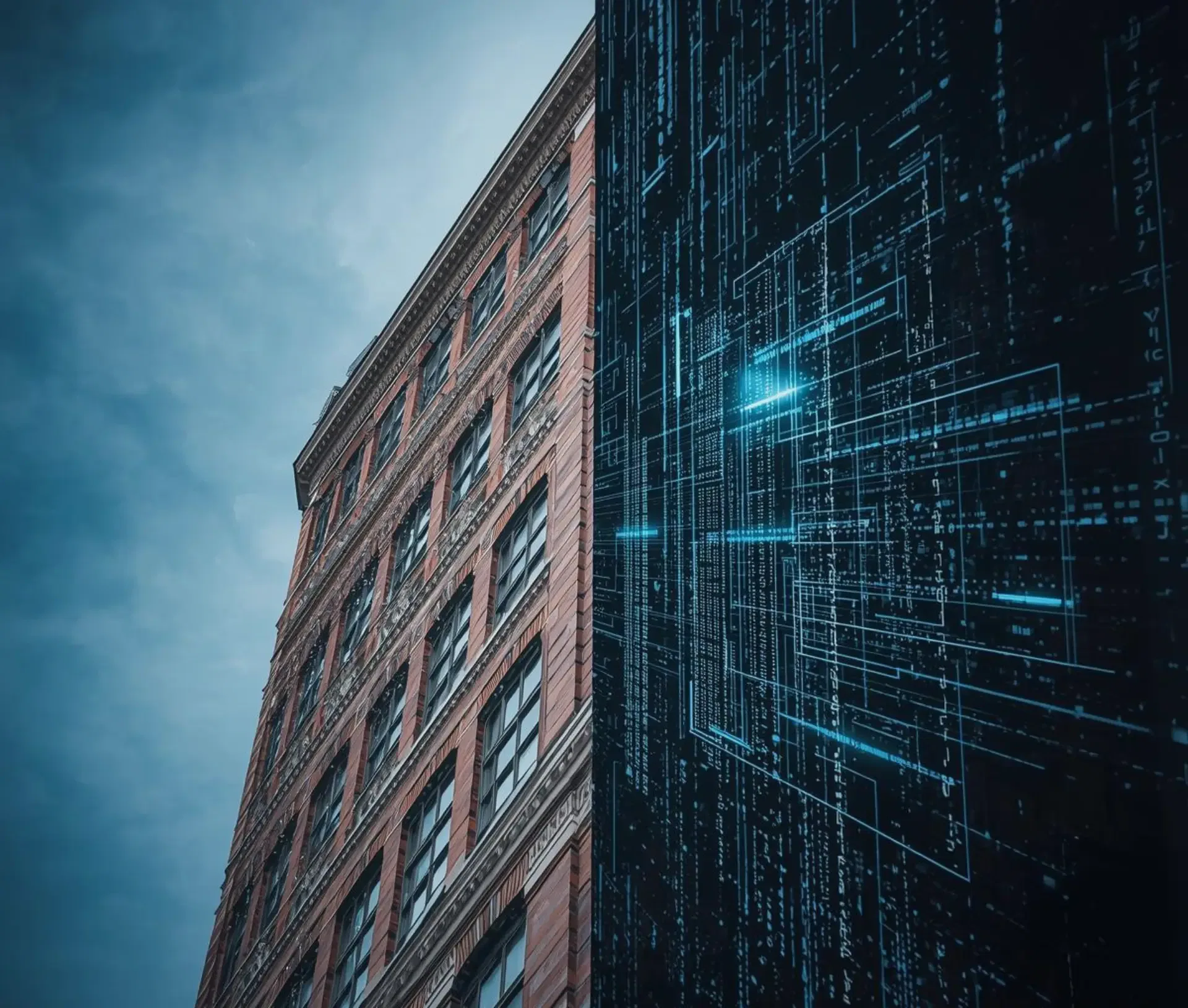 A brick building stands next to a digital wall displaying blue glowing circuit like patterns, blending elements of physical architecture with futuristic technology—echoing how Apple in Enterprise IT transforms UK businesses under a cloudy sky.