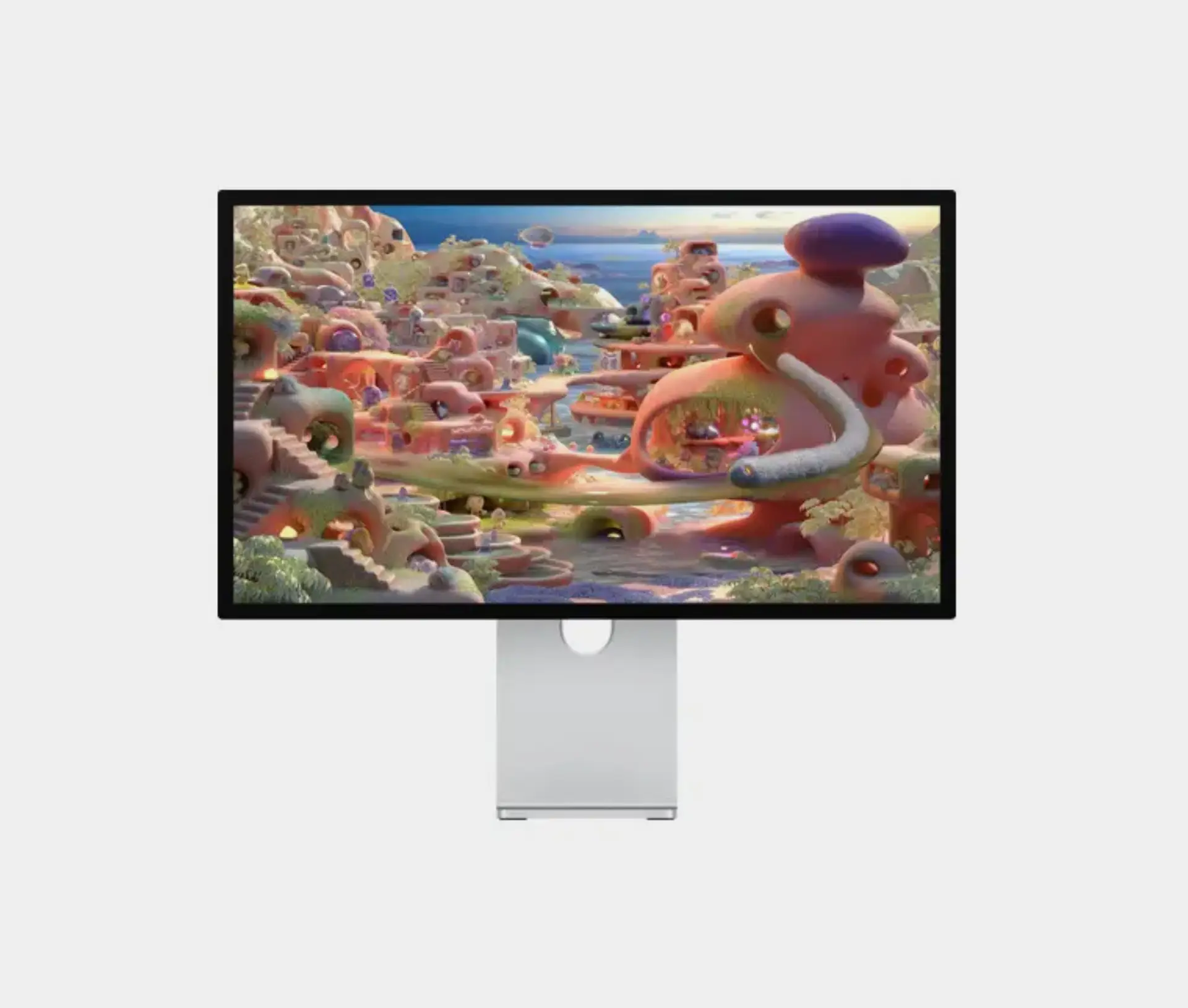 A computer monitor, reminiscent of a Studio Display XDR, showcases a colourful, whimsical digital artwork filled with cartoon like creatures and abstract shapes in pastel pinks, oranges, and greens on a white background.