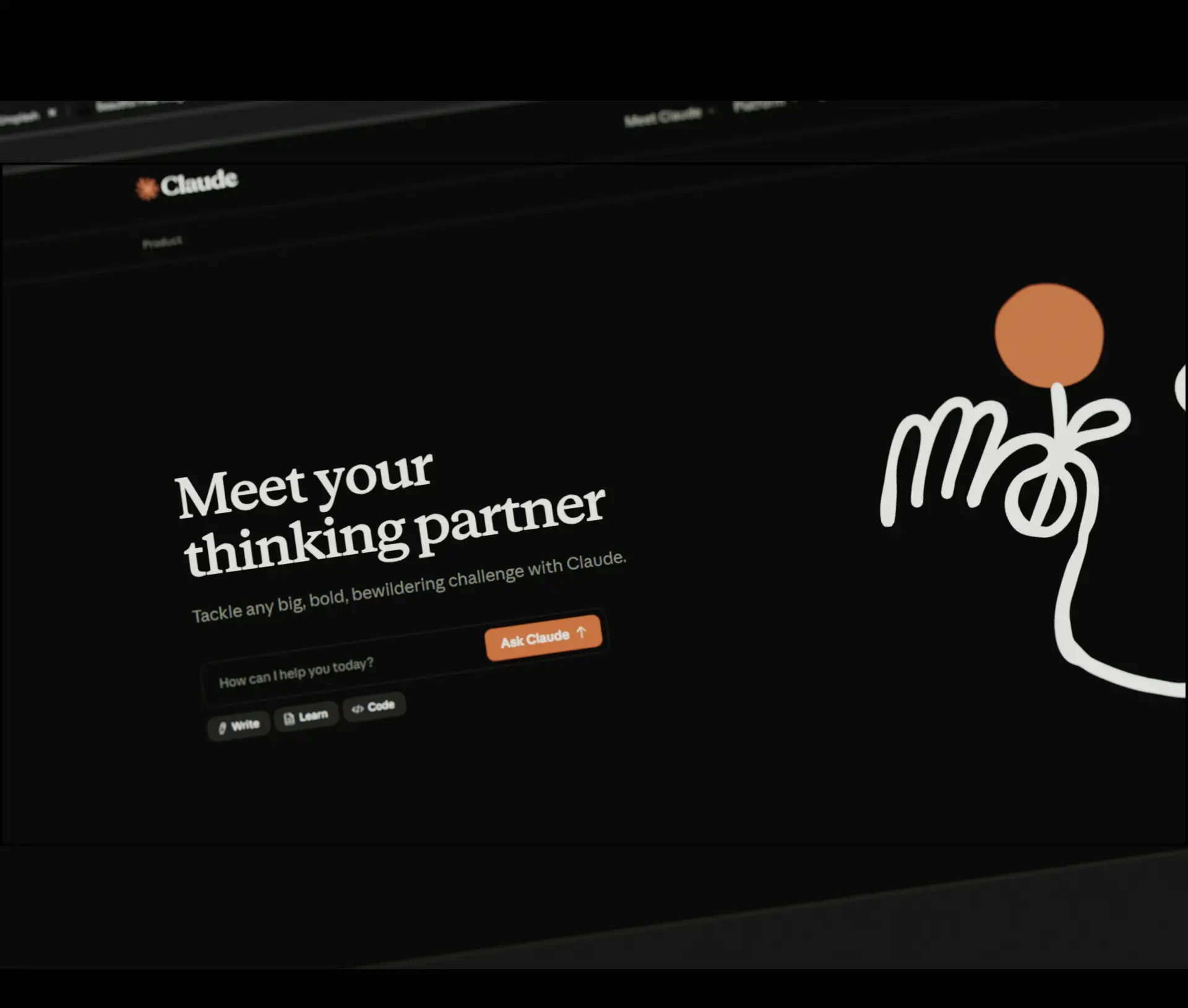 A computer screen displays the Claude website homepage with the text “Meet your thinking partner” and an orange button labelled “Ask Claude,” resembling a Cyber Chief UK cybersecurity hub, alongside a stylised Claude logo on a black background.