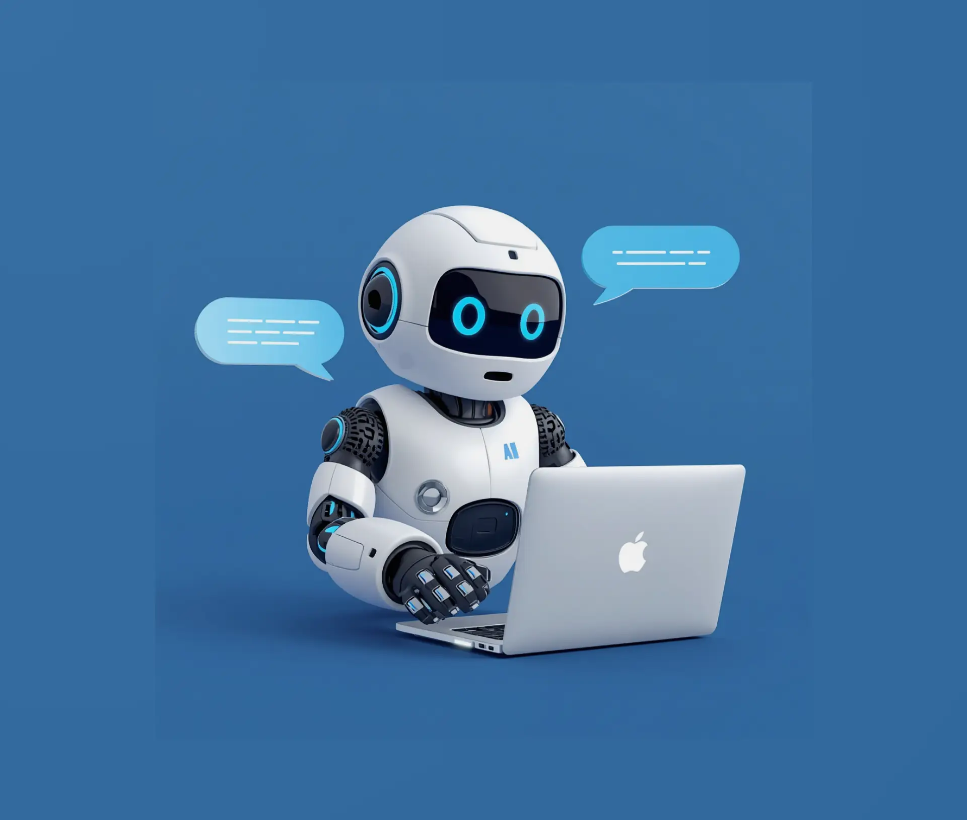 A friendly robot with blue eyes sits at a desk using a silver laptop, with two speech bubbles above it, suggesting it's chatting about IT policy and Google accounts. The background is a solid blue colour.