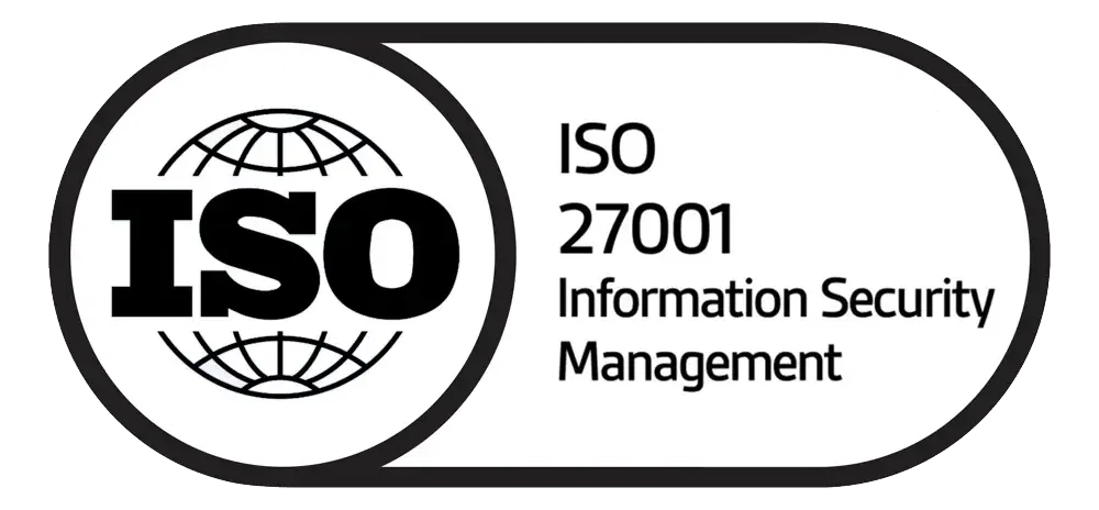 ISO 27001 Information Security Management badge. Features a globe behind the bold 