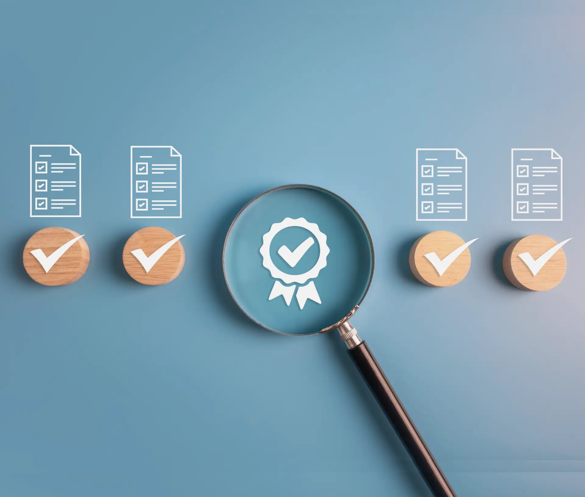A magnifying glass focuses on an award rosette icon between wooden circles with tick marks and document icons, all set on a blue background, symbolising quality assurance, ISO 27001 standards, and information security verification.