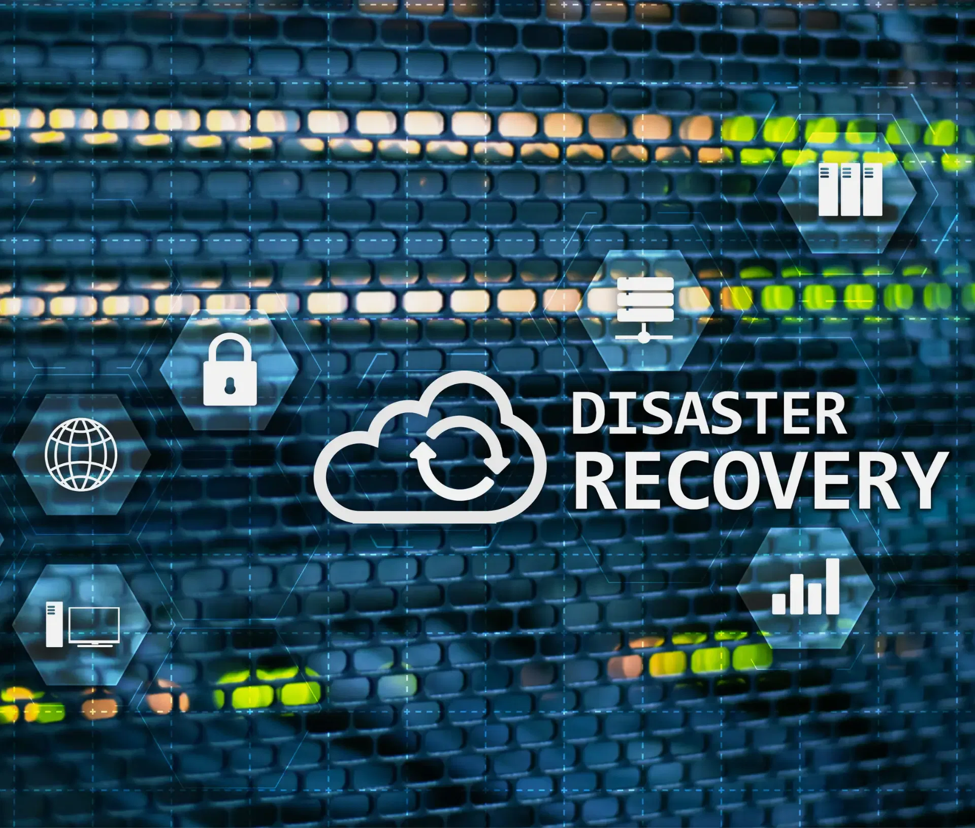 A data server with hexagonal icons representing security, cloud computing, and analytics overlays the image, highlighting the business benefits of DISASTER RECOVERY and a cloud sync symbol prominently in the centre.