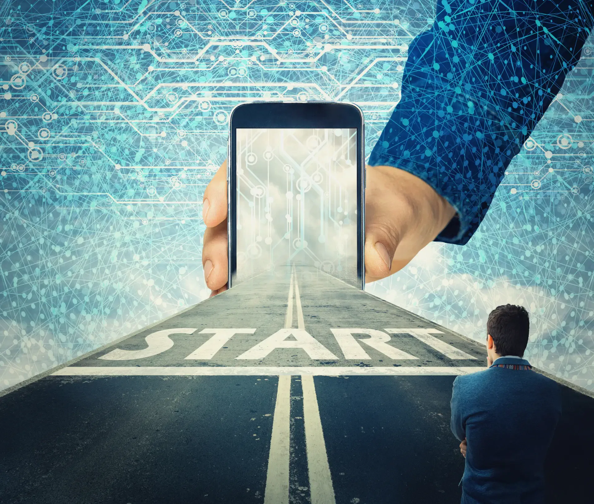 A man stands at the start of a road leading into a giant smartphone held by a hand, symbolising a digital journey. The background’s circuit like patterns hint at challenges like the IT skills gap and the future of recruiting 2025.