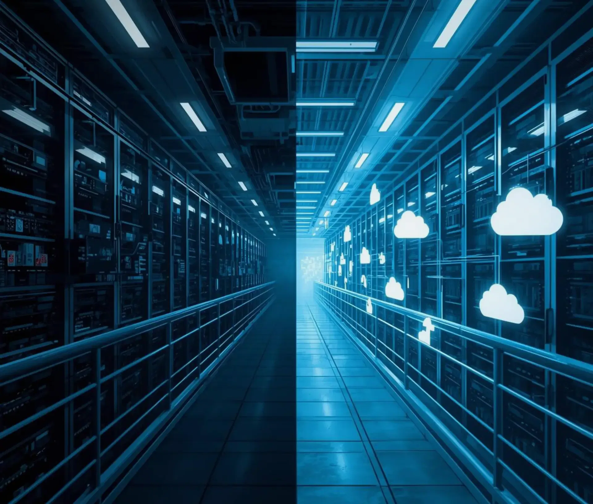 A corridor with server racks on the left, lit in dark blue, and a futuristic hallway on the right glowing with blue light and digital cloud icons—symbolising cloud computing, data storage, and the innovative role of Apple in Enterprise IT.