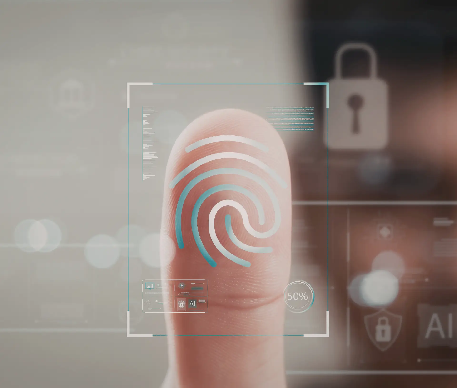 A close up of a finger pressing on a digital fingerprint scanner, with biometric patterns and MFA security icons, including a padlock, displayed on a transparent screen interface.