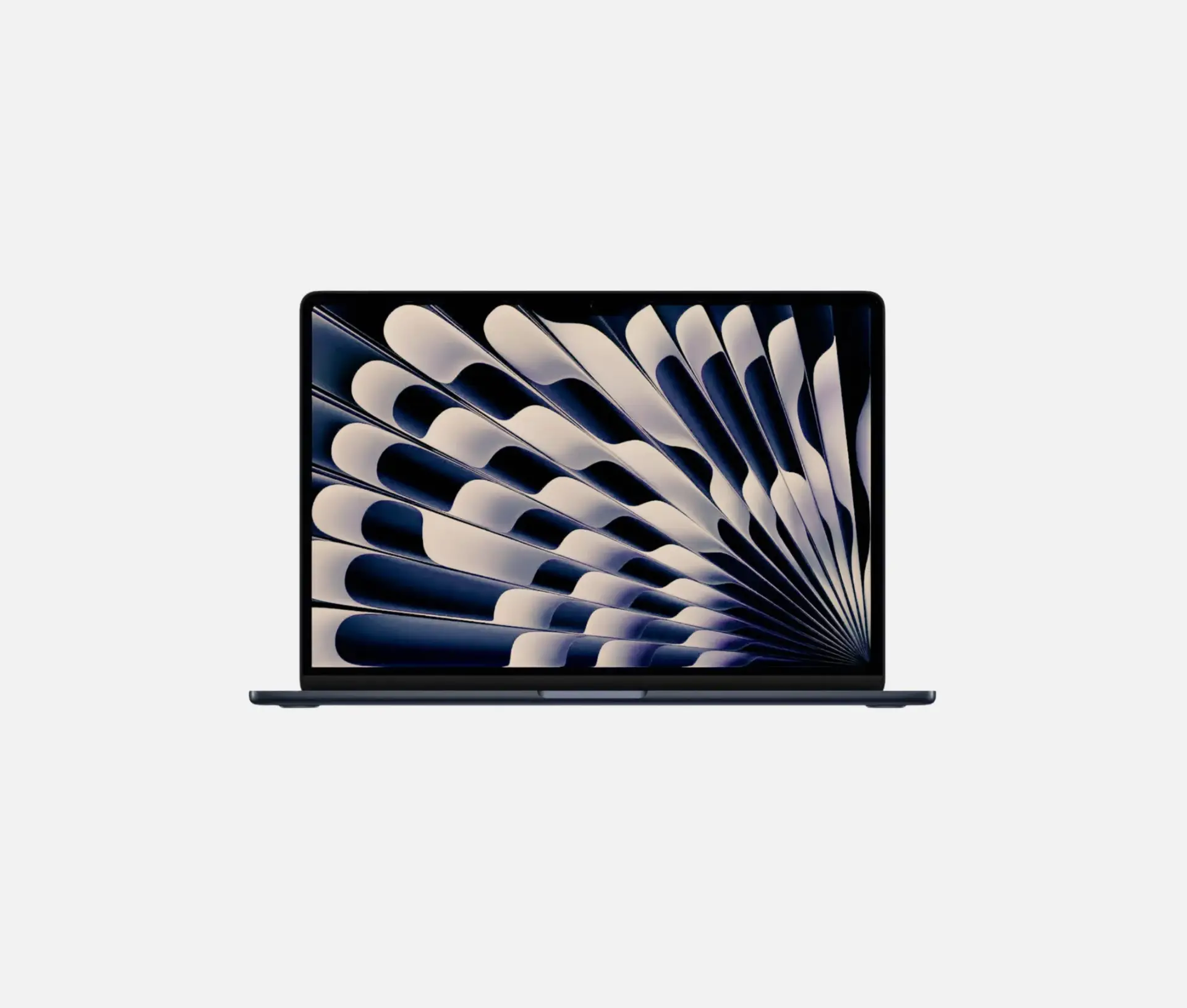 A laptop with a thin black frame displaying an abstract, geometric pattern of dark blue and cream fan like shapes on its screen, echoing the clarity of a Studio Display XDR—ideal for seamless Apple workflows—set against a plain light grey background.