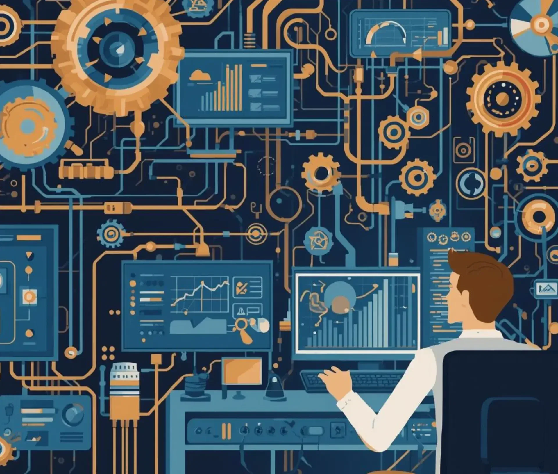 A person sits at a desk with multiple monitors displaying charts and graphs, surrounded by interconnected gears and circuitry representing mastery in action and complex troubleshooting of intricate data systems.