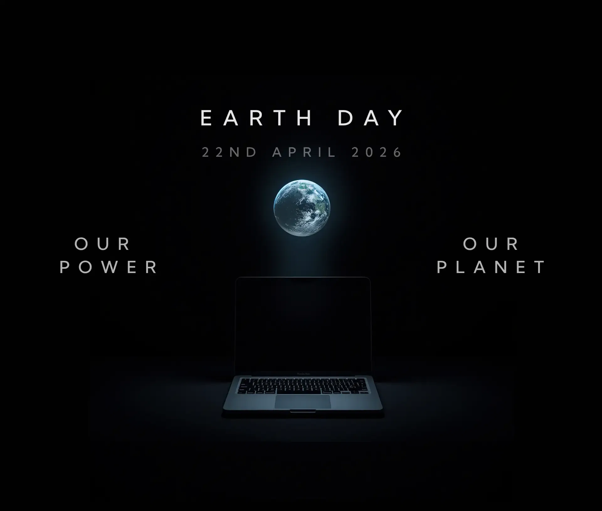 A dimly lit laptop sits beneath a glowing image of Earth. Text above reads