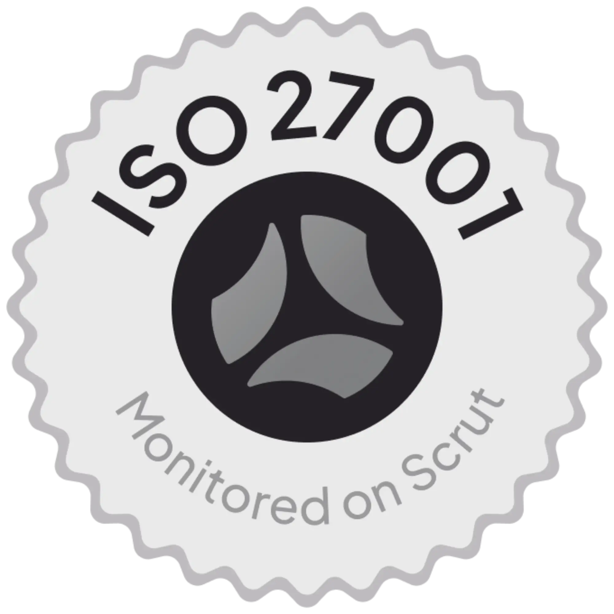 A round, grey badge with a scalloped edge displays 