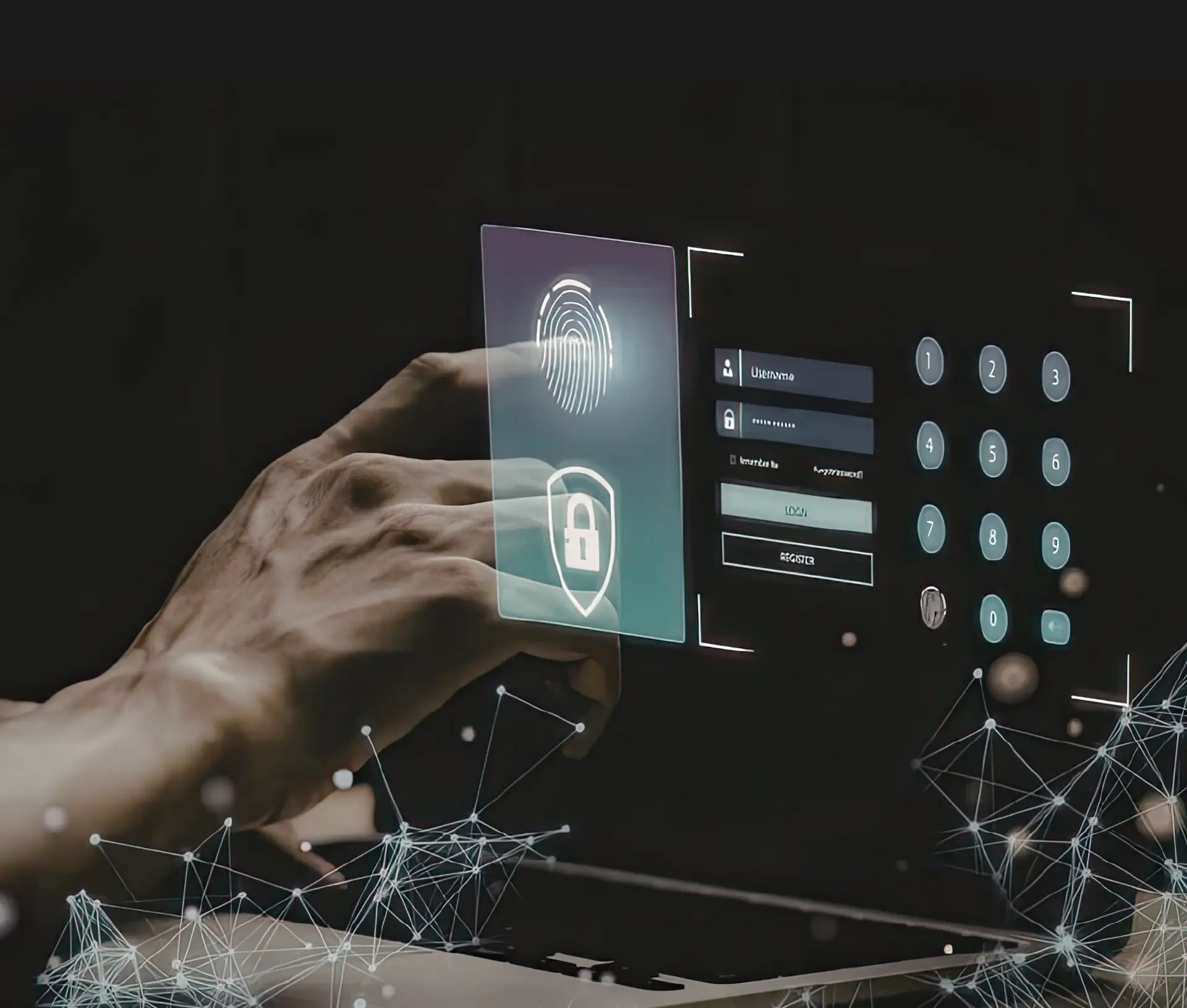 A hand touches a virtual fingerprint scanner on a digital security interface, featuring a lock icon, team log in fields, a keypad, and a network of connected nodes, symbolising password security and authentication.