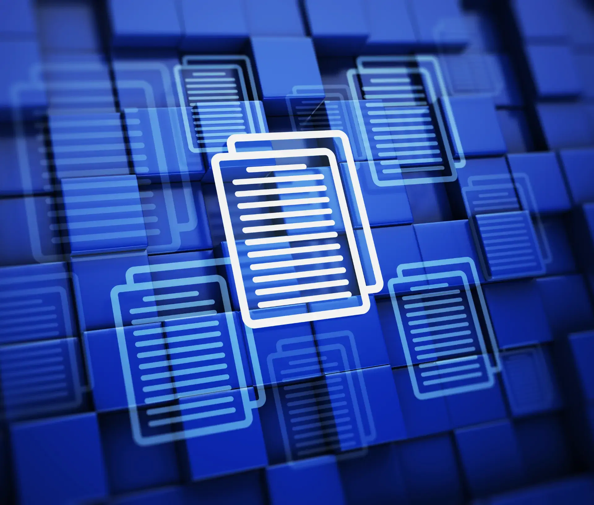 Abstract digital illustration of multiple white document icons layered over a blue background made up of 3D rectangular tiles, symbolising UK businesses enhancing cyber resilience and data storage as they look ahead to 2025.