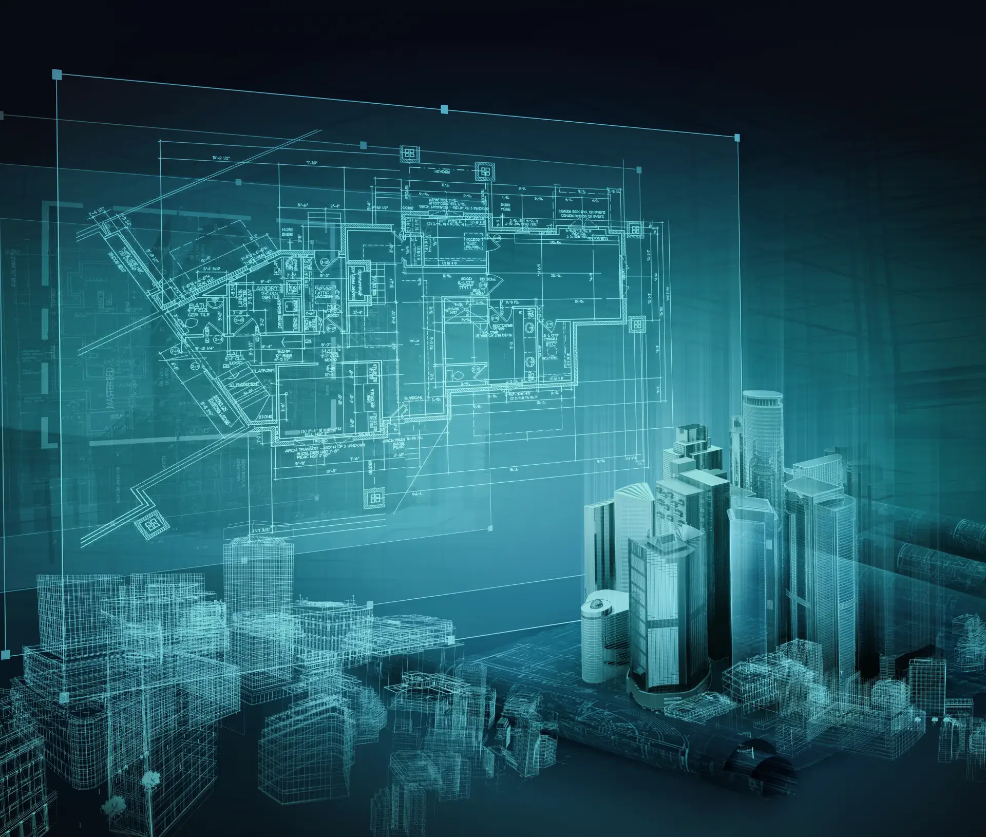 Digital rendering of city skyscrapers and rolled up blueprints, overlaid with a transparent architectural floor plan, symbolising urban planning, building design concepts, and the evolution of the digital workplace.