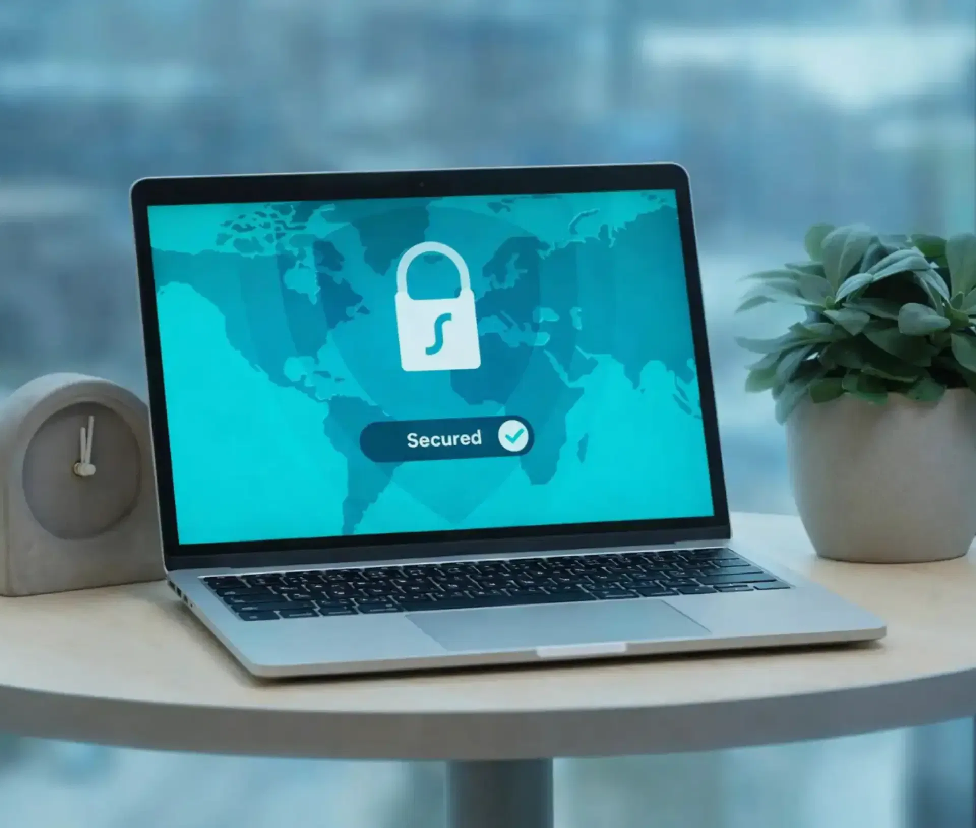 A laptop on a round table displays a lock icon and the word