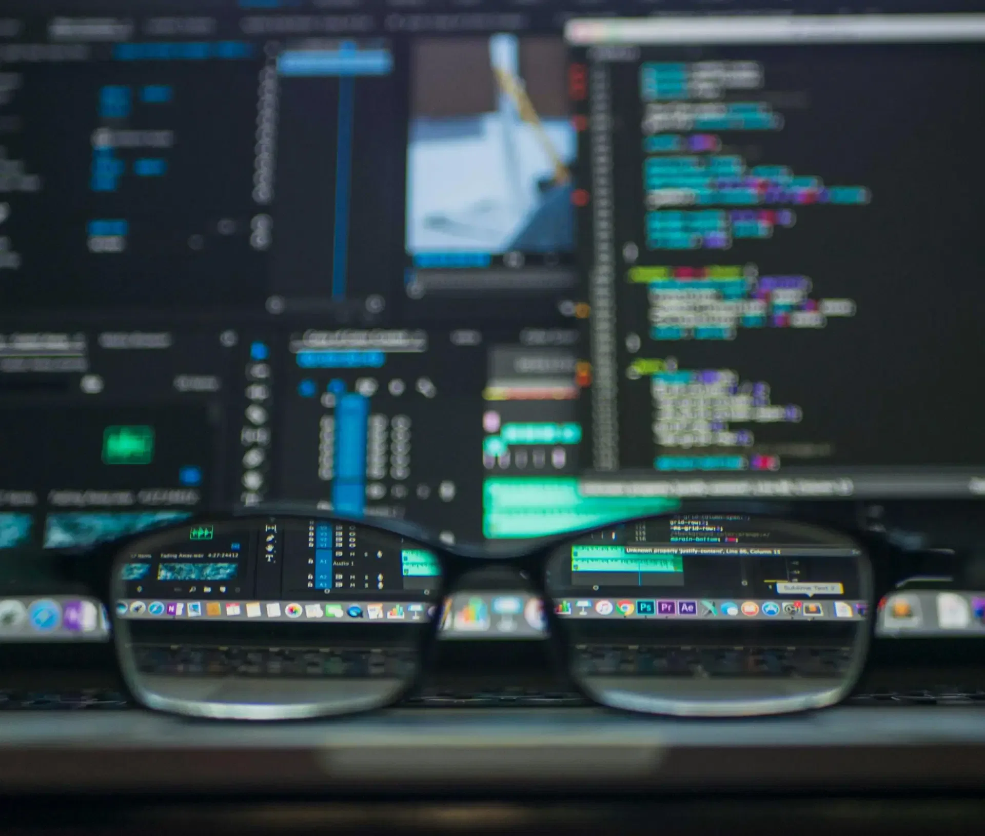 A pair of spectacles rests in front of a computer screen displaying colourful programming code and technical diagrams, hinting at a recent cyber security breach with the code reflected clearly in the lenses.