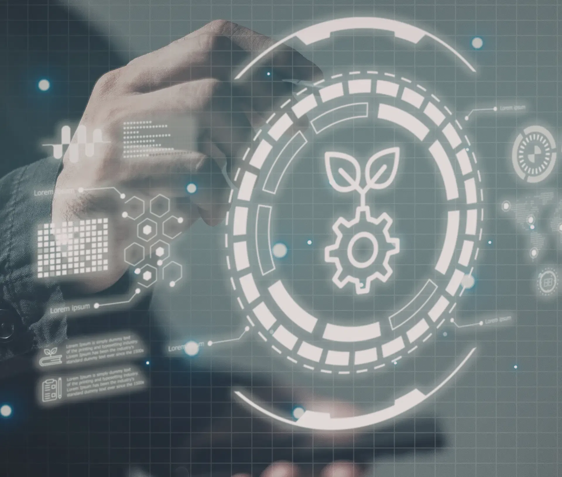 A person interacts with a digital touchscreen displaying futuristic graphics, including a circular icon with a cog and sprouting plant, symbolising sustainable technology and the integration of sustainability into business operations.