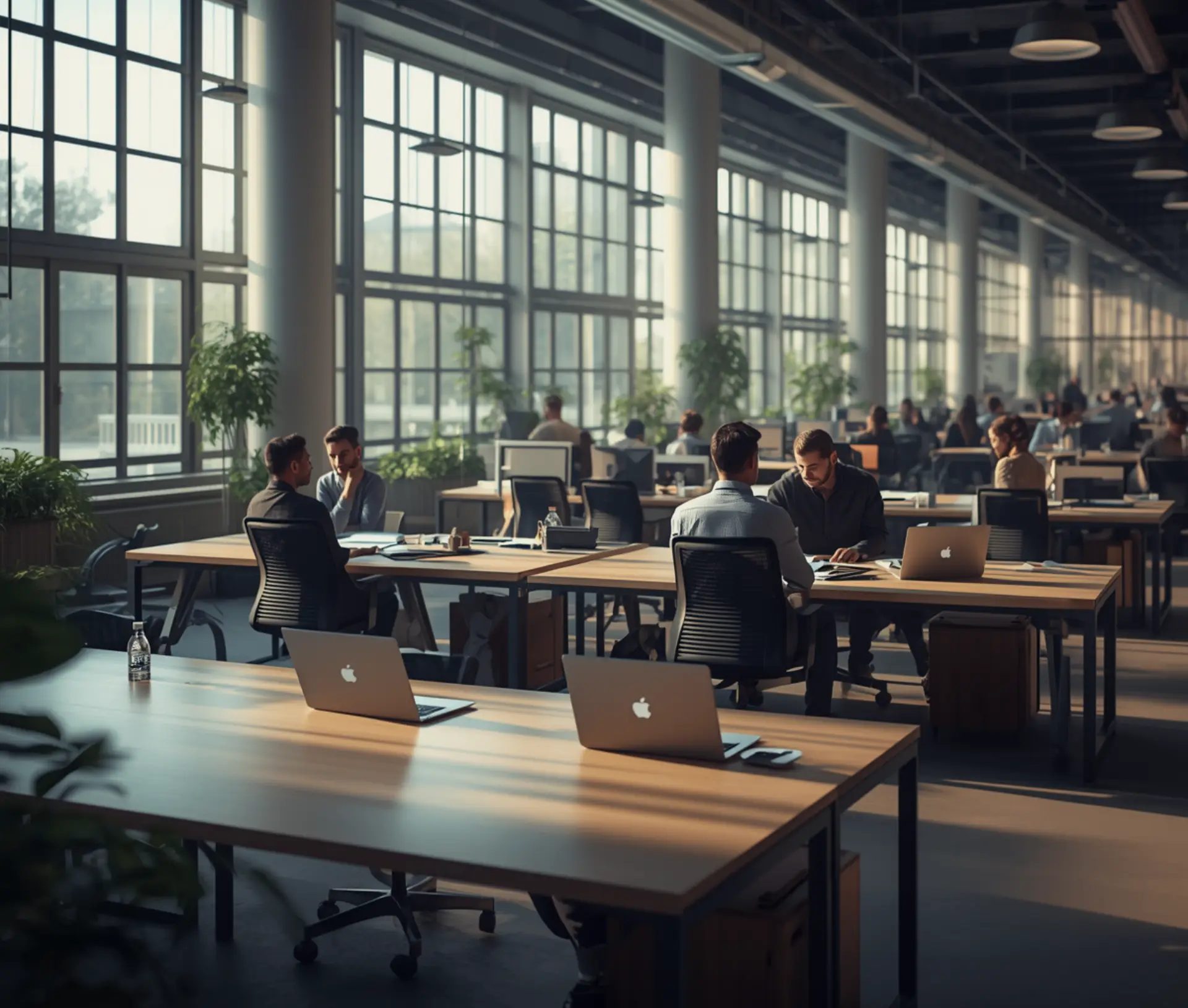 A modern open plan office with large windows, natural light, several people switching your business from PC to Mac at their desks with laptops, and green plants placed around the workspace.