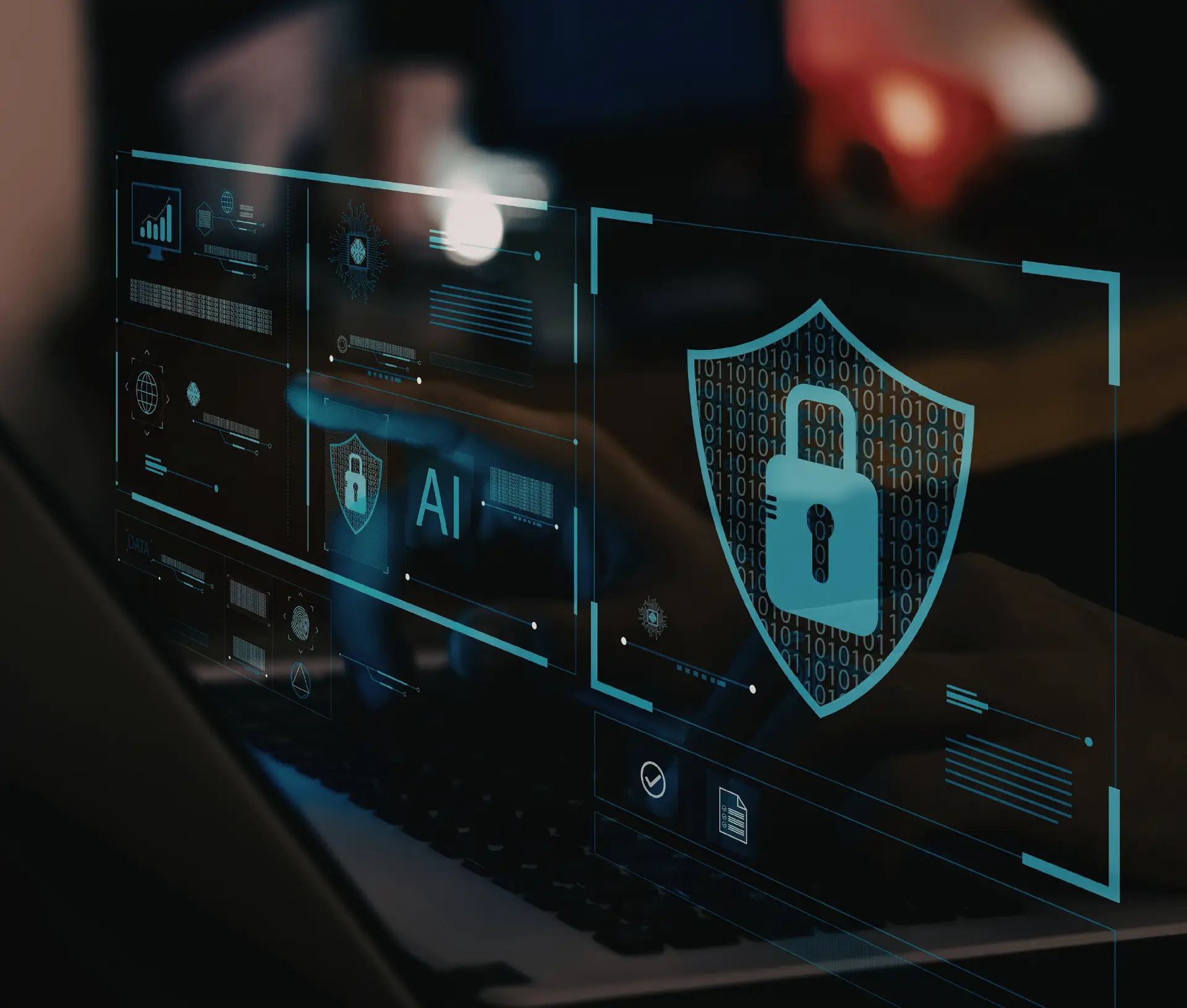 A digital display showing business cybersecurity icons, including a shield with a padlock and binary code, over a blurred background of a laptop keyboard, representing data protection and advanced Mac security using AI technology.