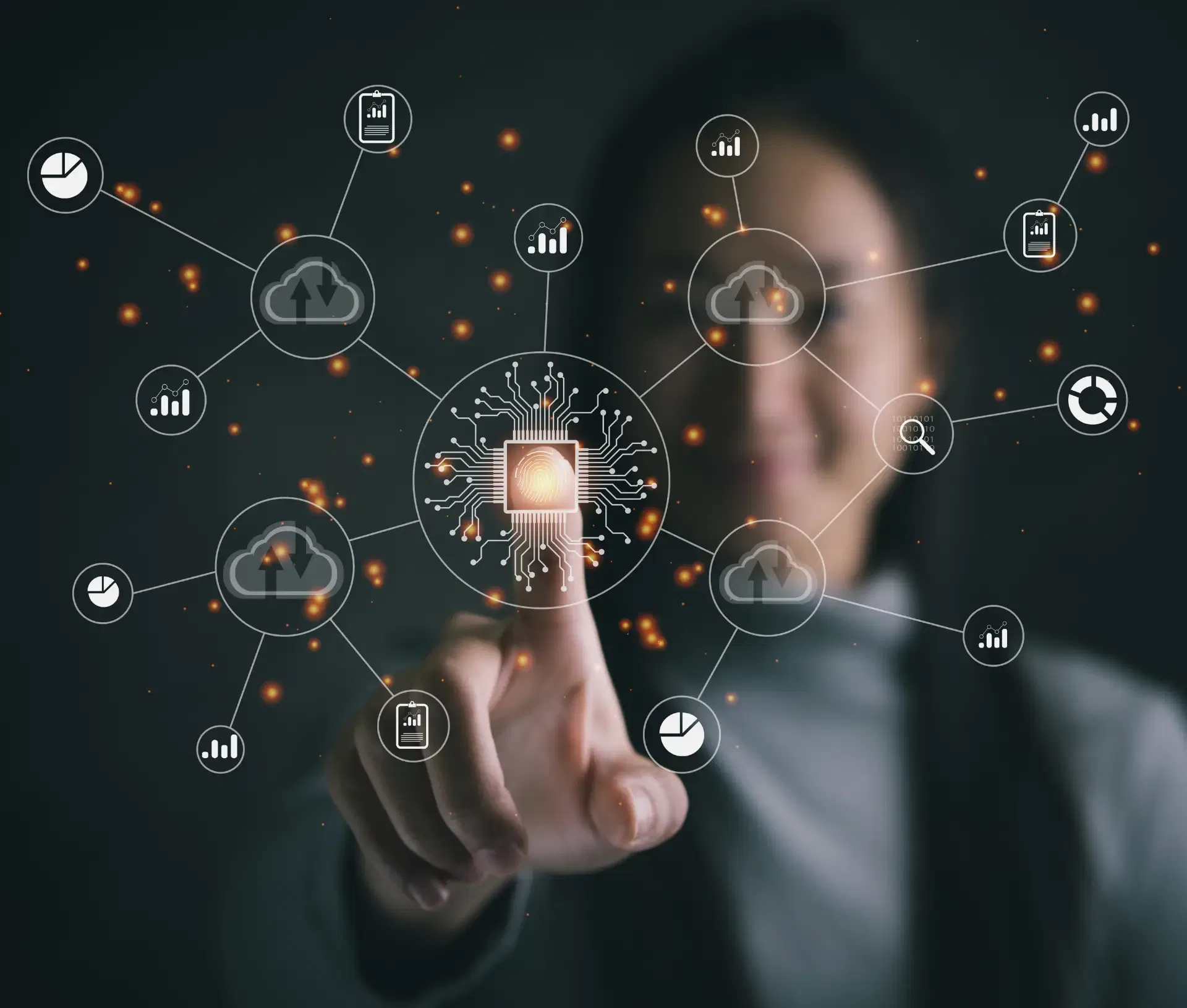 A person touches a glowing virtual microchip icon on a transparent screen with interconnected digital technology icons, symbolising innovation and data integration in the EU—highlighting Apple’s adaptation to the Digital Markets Act.