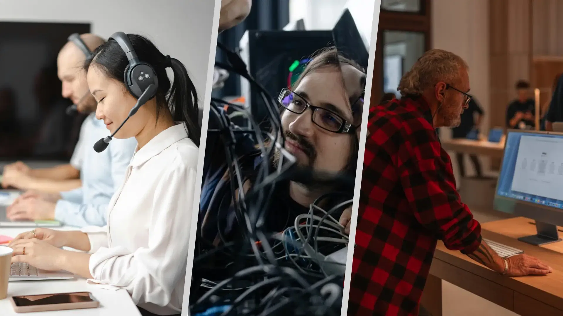 A split image shows an Apple Specialist in a headset at her computer, an In House IT expert sorting tangled cables, and a man in a red plaid shirt using a desktop computer in the office.