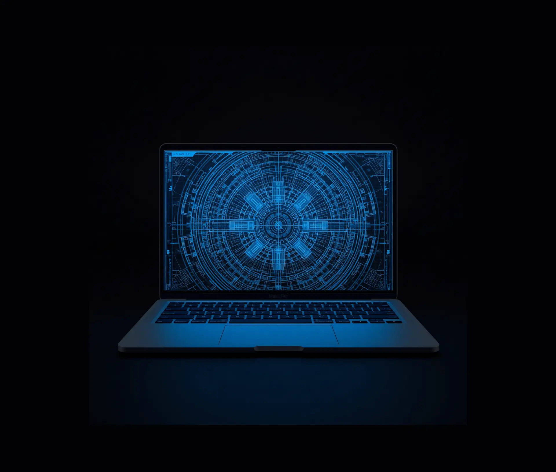A laptop with a glowing blue circular digital interface displayed on its screen, set against a dark background, evokes the look of Apple Blueprints—a futuristic schematic perfect for those who configure every device for business success.